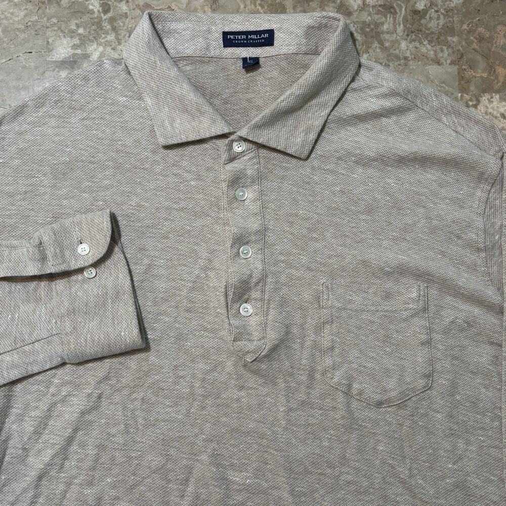 Peter Millar Polo Shirt Mens XL Beige Tan Croxley Linen Blend Long Sleeve Beach